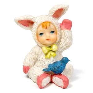 Vintage Mini Easter Bunny Baby Figurine Blue Bird Resin Spring Décor Kitsch 2.5"